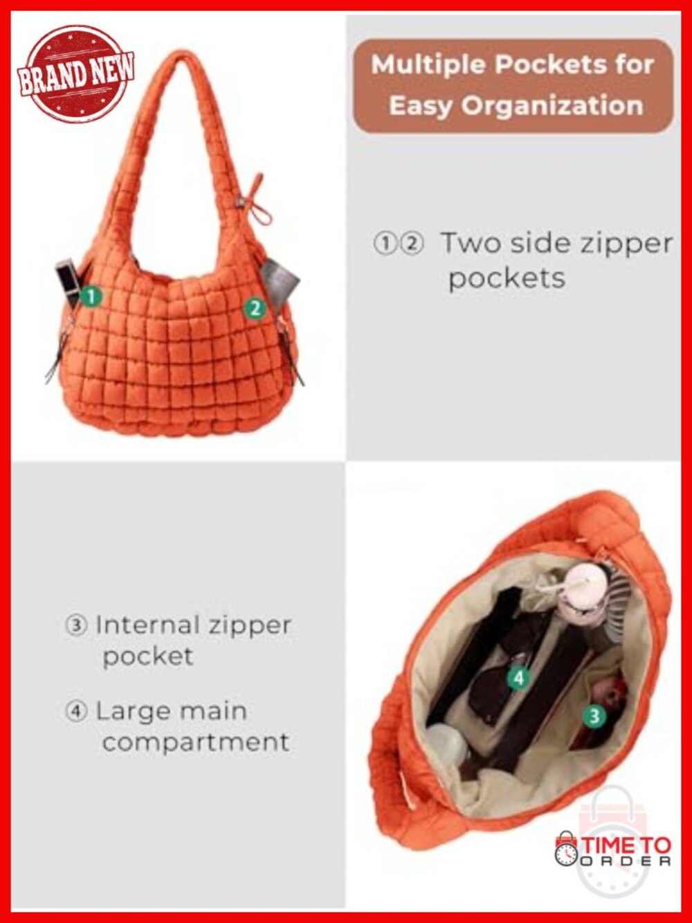 Nylon Quilted Puffer Tote Bag Crossbody Hobo Shoulder Bag Large - Picture 3 of 6